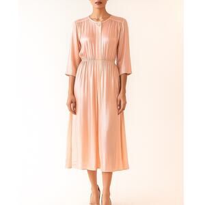 Vintage 80s Pink Peach Midi Dress Pleated Skirt Secretary Retro Womens 10P